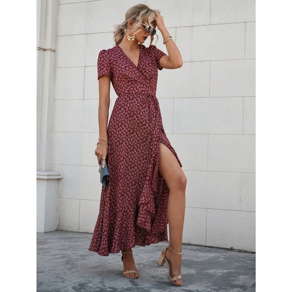 WILA Dresses & Skirts - boho Floral Print Ruffle Hem Belted maxi Dress red